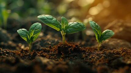 Small sprouts arise in mature soil. Concept of regenerative agriculture for soil fertility, removal of carbon dioxide from atmosphere and effective consumption of water resources.