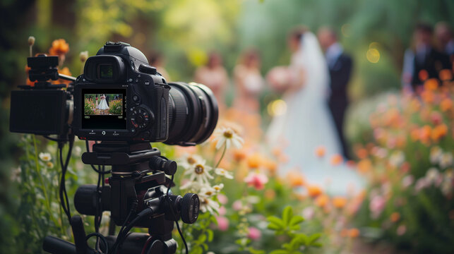 Closeup of video camera on tripod during a wedding ceremony. Wedding videography services. - Powered by Adobe