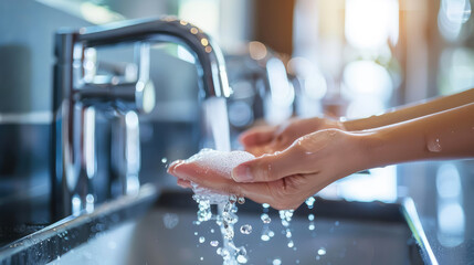 Hands catching clean water from a modern faucet, symbolizing hygiene and the preciousness of water.