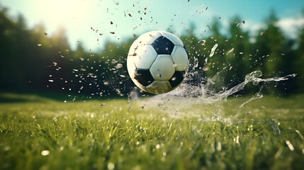 Fototapeta premium Soccer player falling and kicking ball on grass field - Ai generated