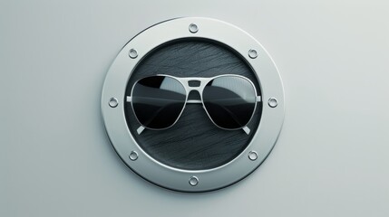 High colour contrast, UHD, photorealistic closeup of a plain metal circular badge with 3D spy sunglasses in the centre, with a plain white background around the badge 