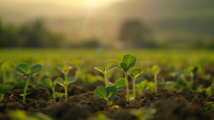 Small sprouts arise in an agricultural field. Concept of regenerative agriculture for soil fertility, removal of carbon dioxide from atmosphere and effective consumption of water resources.