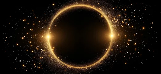 Poster gold circle frame firework confetti of light golden spark particles on black background © Christophe