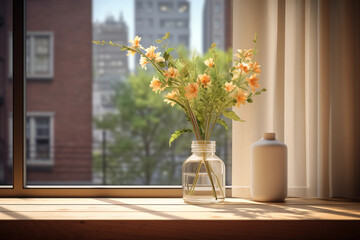 A delicate vase with blooming flowers bathes in the warm sunlight on a window sill, offering a touch of nature against an urban backdrop.
