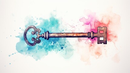 Ornate key against a vibrant watercolor backdrop. Concept of mystery, vintage charm, unlocking, creative design, antique keys, and historical secrets.