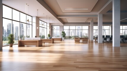 Spacious office with floor-to-ceiling windows and a city view. Wooden design. Concept of corporate elegance, business environment, and modern architecture.