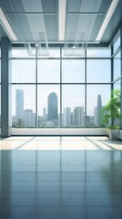 Modern empty business office with panoramic windows and urban backdrop. Concept of contemporary architecture, corporate spaces, and business environments. Vertical format