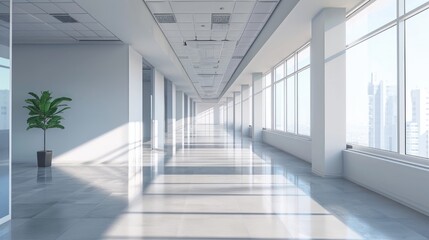 Modern empty corporate office hall with panoramic glass windows and city skyline view. Concept of business transparency, urban corporate life, sleek design.