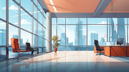 Modern cozy empty business office with panoramic windows. Digital illustration. Concept of contemporary architecture, corporate spaces, and business environments.