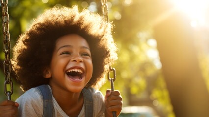 Cheerful African American kid boy laughing on a swing on a warm sunny day on a playground. Concept of carefree play, happy childhood, summer fun, and outdoor activities.
