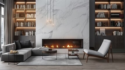 living room, marble wall fireplace and stylish bookcase to the ceiling in a chic expensive interior of a luxurious country house with a modern design with wood and led light, gray furniturÑƒ --