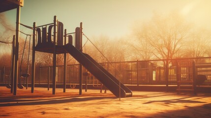Fototapeta premium Sunlit slide in an empty playground. Concept of tranquil outdoor scenes, childhood nostalgia, and community areas.