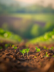 Small sprouts arise in an agricultural field. Concept of regenerative agriculture for soil fertility, removal of carbon dioxide from atmosphere and effective consumption of water resources.