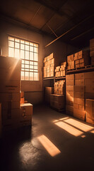 The warehouse was filled with massive stacks of boxes, each illuminated by the warm rays of sunlight shining throughout the room.