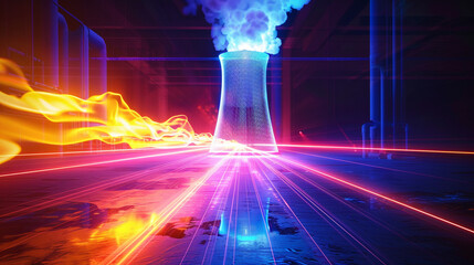 Create artwork featuring a nuclear reactor light emitting a vibrant glowing line
