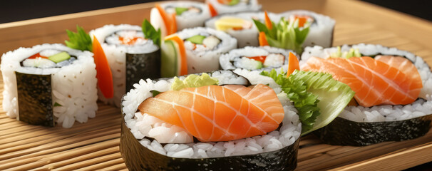 Close up shot with details of traditional sushi slices with salmon, avocado and cucumber on wooden plate