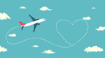 Love travel concept illustration in vector. Airplane flying and leave a blue dashed trace line --ar 16:9 --v 6 Job ID: 3a3b80a6-b214-402c-ba62-dde21a676777