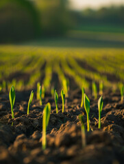Small sprouts arise in an agricultural field. Concept of regenerative agriculture for soil fertility, removal of carbon dioxide from atmosphere and effective consumption of water resources.