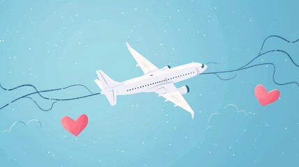 Love travel concept illustration in vector. Airplane flying and leave a blue dashed trace line --ar 16:9 --v 6 Job ID: d9b3fdc4-5115-42c9-b21d-09ed7f6d4247