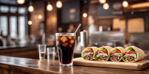 Fresh doner kebab or shawarma and glass of cola drink on restaurant background. Generative Ai	
