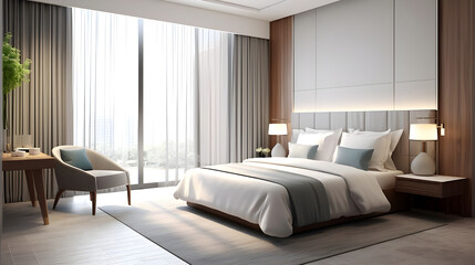 Fototapeta na wymiar Room interior of modern hotel bedroom - Ai generated