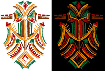 Ornament in ethno style on a transparent background. Ethno motif in yellow, red, green and brown on transparent and black backgrounds.