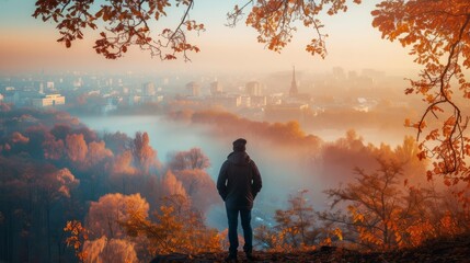 Man looking at the city on an early, foggy, autumn morning --ar 16:9 --v 6 Job ID: c6b9c0e7-0e33-461d-800c-96d82ebf8ec0