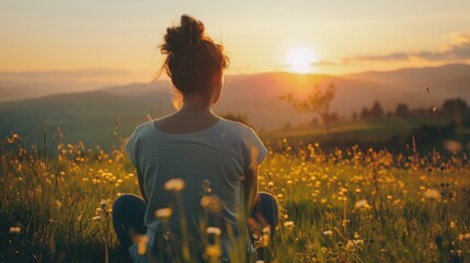 Woman Enjoying Sunset in Blooming Meadow, Peaceful Nature Moment