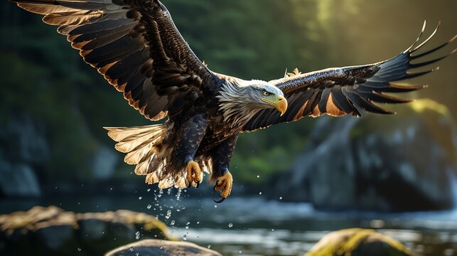 An eagle flies over a rushing waterfall, backdropped by forests and mountains