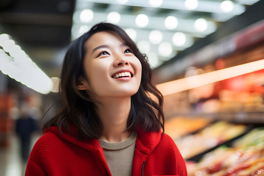 Portrait of young woman happy expression in a super market - Ai generated