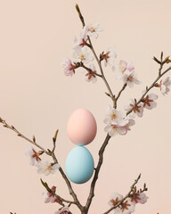 Delicate balance of two pastel Easter eggs on a branch adorned with soft cherry blossoms against a pale backdrop