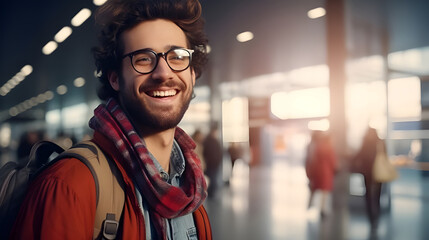 Portrait of Young man happy expression traveler on airport - Ai generated
