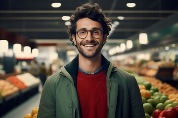 Portrait of young man happy expression in a super market - Ai generated