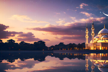 Crescent moon Ramadan Kareem themed illustration background, lantern, islamic Mosque,