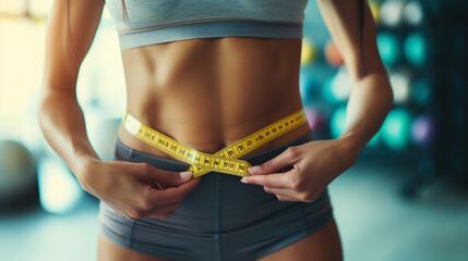 Young woman measuring her belly abs with yellow measuring tape. - obrazy, fototapety, plakaty