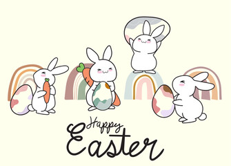 Boho Easter Vector illustration. Easter eggs, bunnies. Abstract Easter minimal