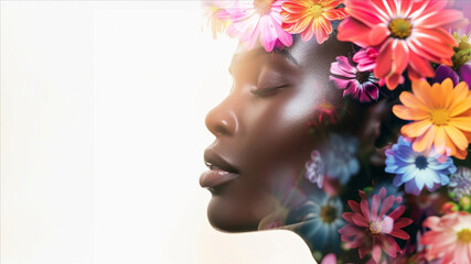 African American girl with closed eyes and double exposure on flowers on her head. A model girl has bright flowers instead of hair. Concept of beauty and purity. A peaceful girl on a white background.