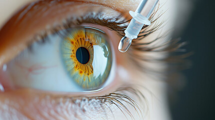 Closeup of clear eye drops being dispensed using a dropper into the eye ball. - obrazy, fototapety, plakaty