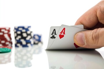 Poker Hand Revealing Aces on White Background