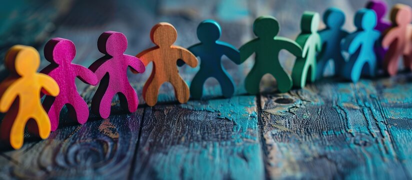 Diversity in Partnership: Colorful Wooden Figures in Team Holding Hands