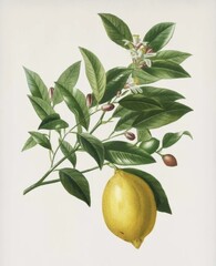 Vintage image, Lemon fruit with leaves isolate.