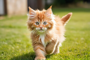 Naklejka na ściany i meble A cute fluffy red kitten is running on the green grass
