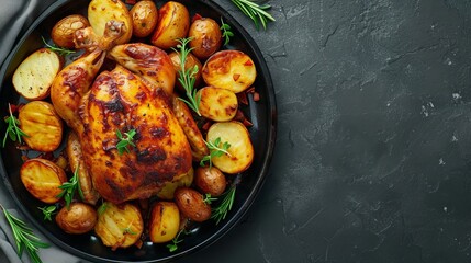 Roasted chicken with potatoes on dark plate. Grey background. Close up. Top view. --ar 16:9 --v 6 Job ID: fbcb6957-98ae-489d-83c7-142a8e05728f - obrazy, fototapety, plakaty