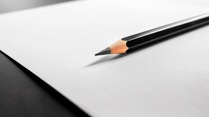 Close up of a black pencil on a white background. Macro.