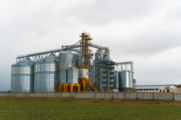 silver silos on agro manufacturing plant for processing drying cleaning and storage of agricultural products, flour, cereals and grain. Large iron barrels of grain. Granary elevator