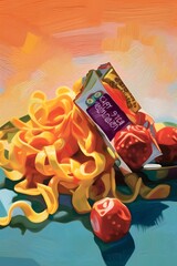 a plate with pasta in the style of contempory oil painting, vibrant
