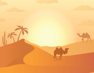 Fototapeta na wymiar A vector illustration of a desert scene in the hot sun
