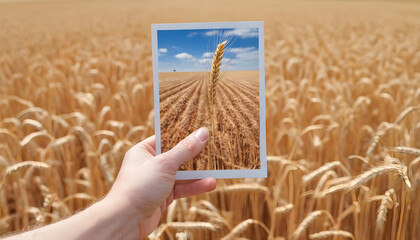 Conceptual photo of a hand holding a photo of an ear of wheat waiting for the future where its plowed field will produce food - 739530308