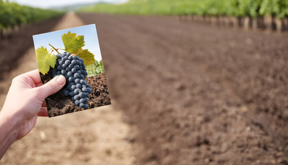 Conceptual photo of a hand holding a photo of a bunch of grapes waiting for the future where its plowed field will produce food - 739530319