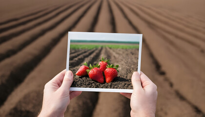 Conceptual photo of a hand holding photo of strawberries waiting for the future where its plowed field will produce food - 739530364